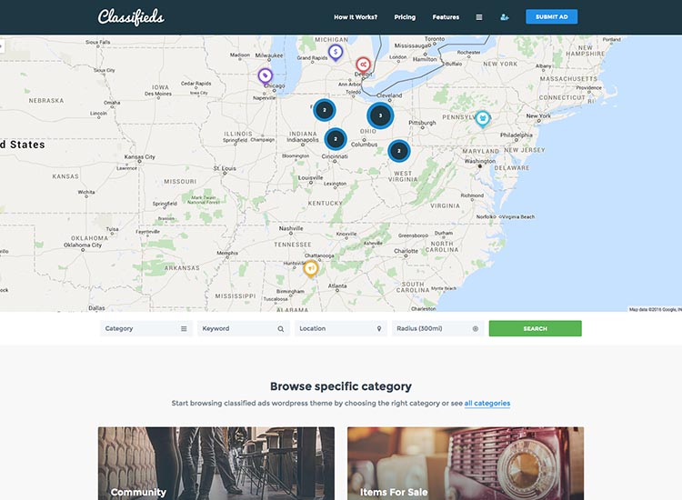 A map-based classifieds advertisement theme for WordPress